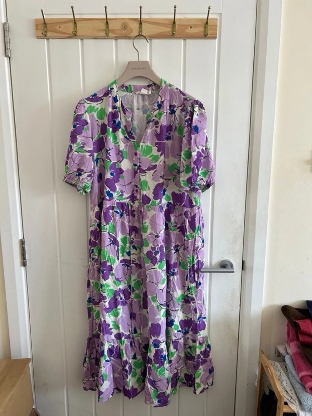 Lavender Floral Midi Dress with Green Floral Accents